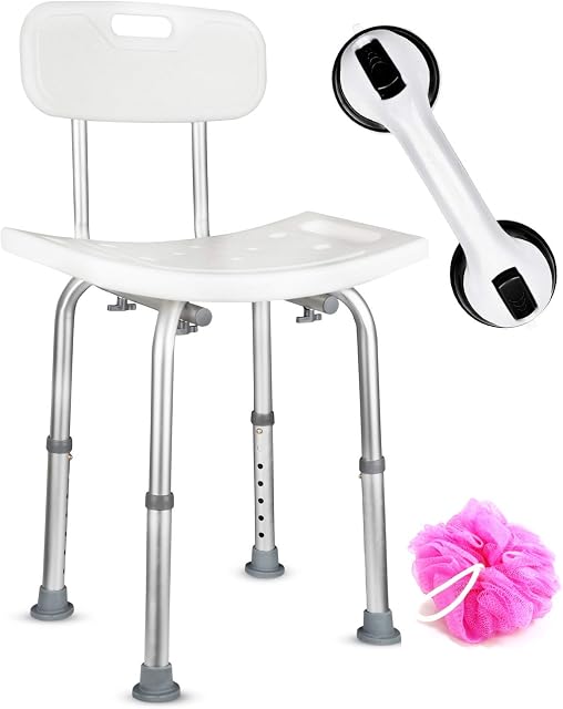 Dr. Maya Bath and Shower Chair Seat with Back (Adjustable) - Anti-Slip Bench Bathtub Stool for Elderly or Seniors (Bathroom Safety) - with Free Suction Assist Grab Bar
