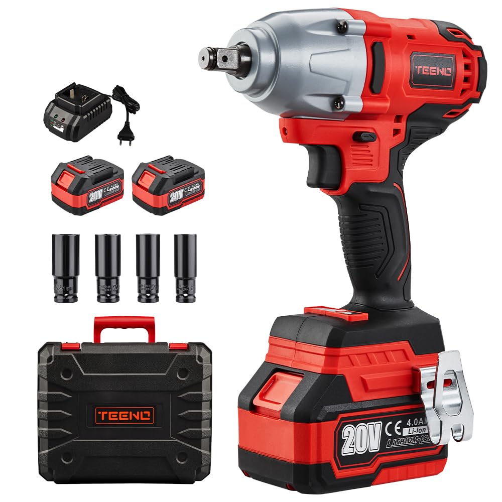 TEENO Avvitatore a Impulsi Brushless,Agli Ioni Di Litio Batterie 2 * 4.0 Ah, 4 Prese a Urti, 1/2 Pollici, 600 N.m (due batterie)