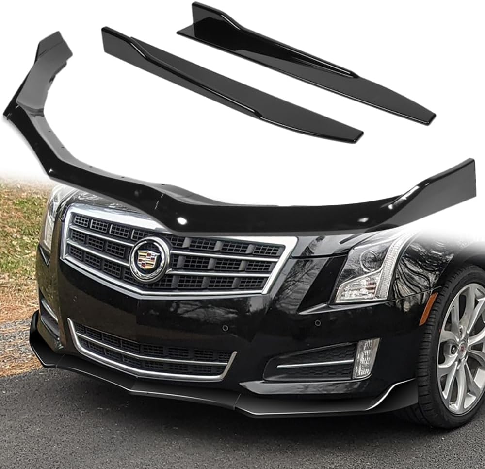Q1-TECH, 5-Piece Front Bumper Lip + Side Skirt Rocker Winglet Canard Diffuser Wing Compatible with 2013-2014 Cadillac ATS, Front Lip Spoiler Splitter (Painted Black)