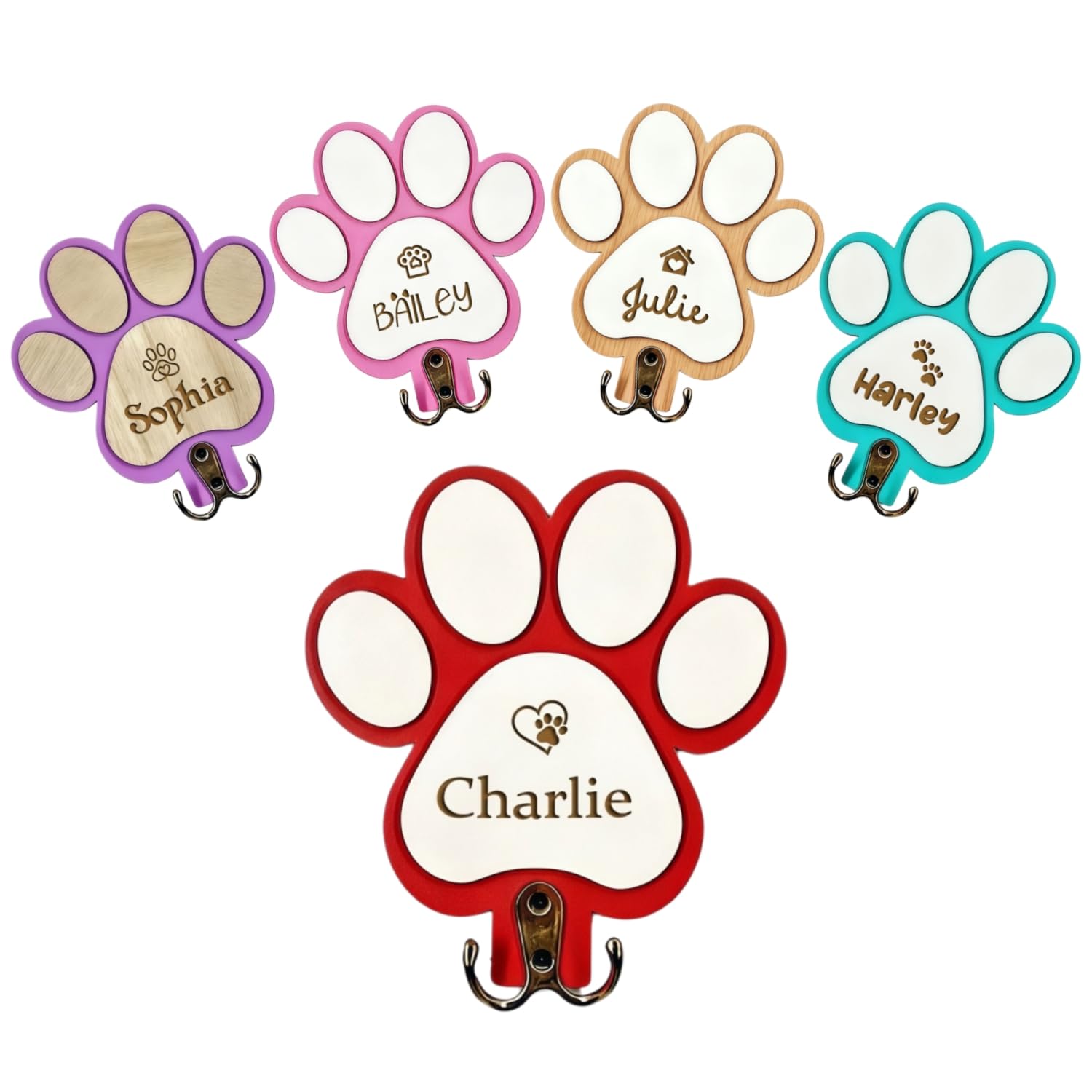 BFBZYME Personalized Dog Leash Holder Wall Mount, Custom Engraved Wood Paw Hanger, Entryway Key Rack Collar Harness Organizer Hook Gift for Pet Lovers(Red)
