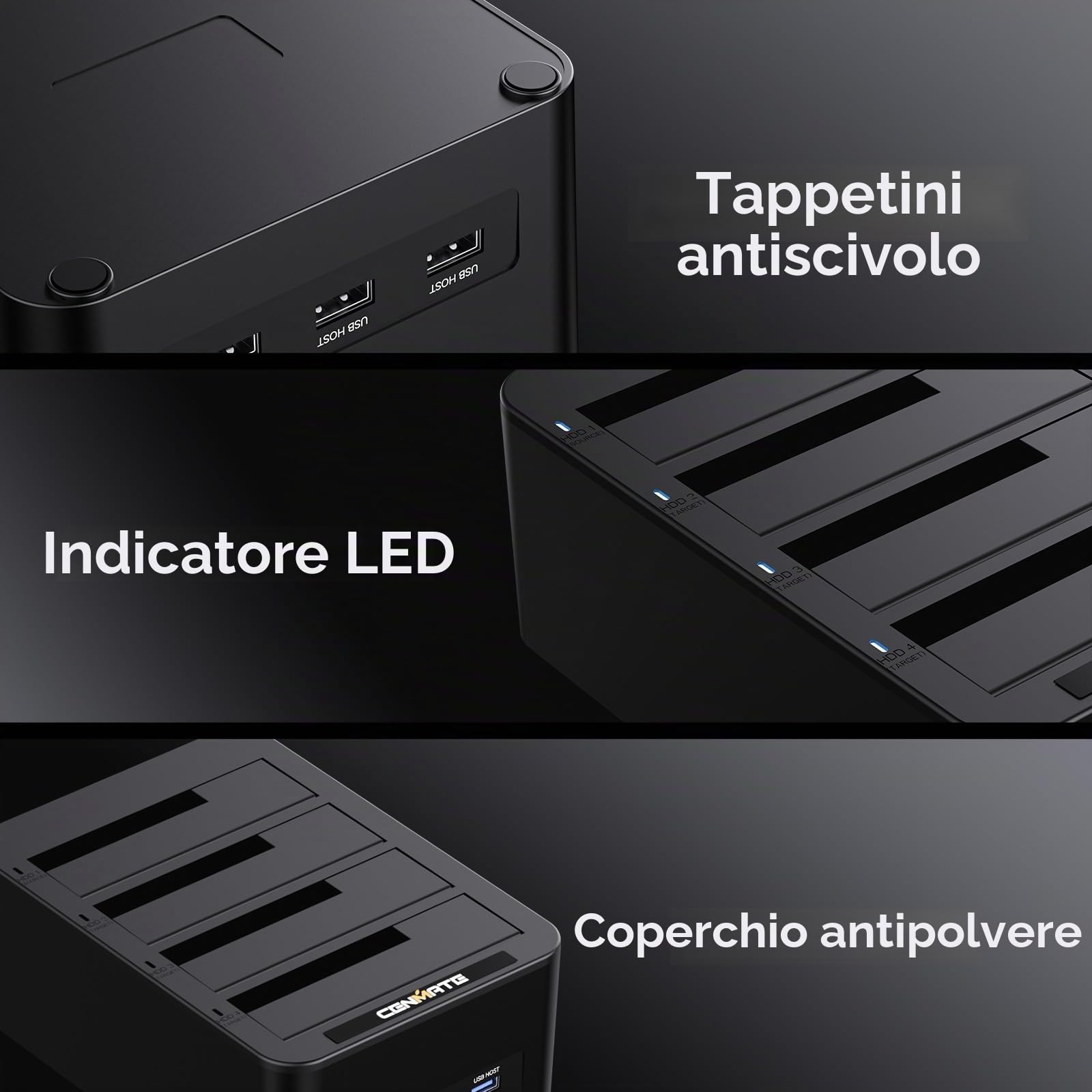CENMATE Docking Station Hard Disk, 4 Bay Docking Station HDD per SATA SSD/HDD 2,5/3,5, Cavo USB 3.0 A/C con 3 Porte USB HOST, Supporto Hot Swap