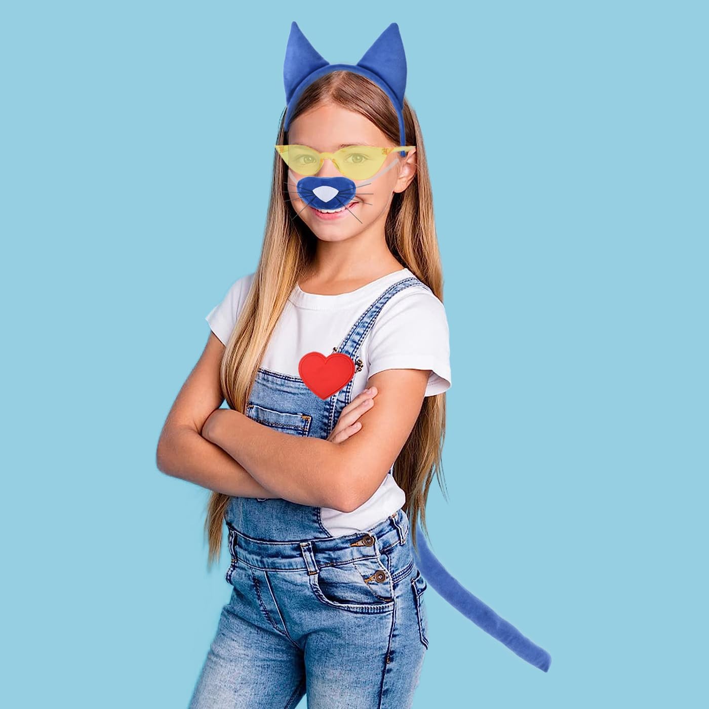 HODRME 5 Pieces Cat Ears and Tail Set-Blue Cat Headband Nose Tail Glasses Heart Patch Cosplay Party Halloween Costume Accessories for Kids and Adults - Image 4