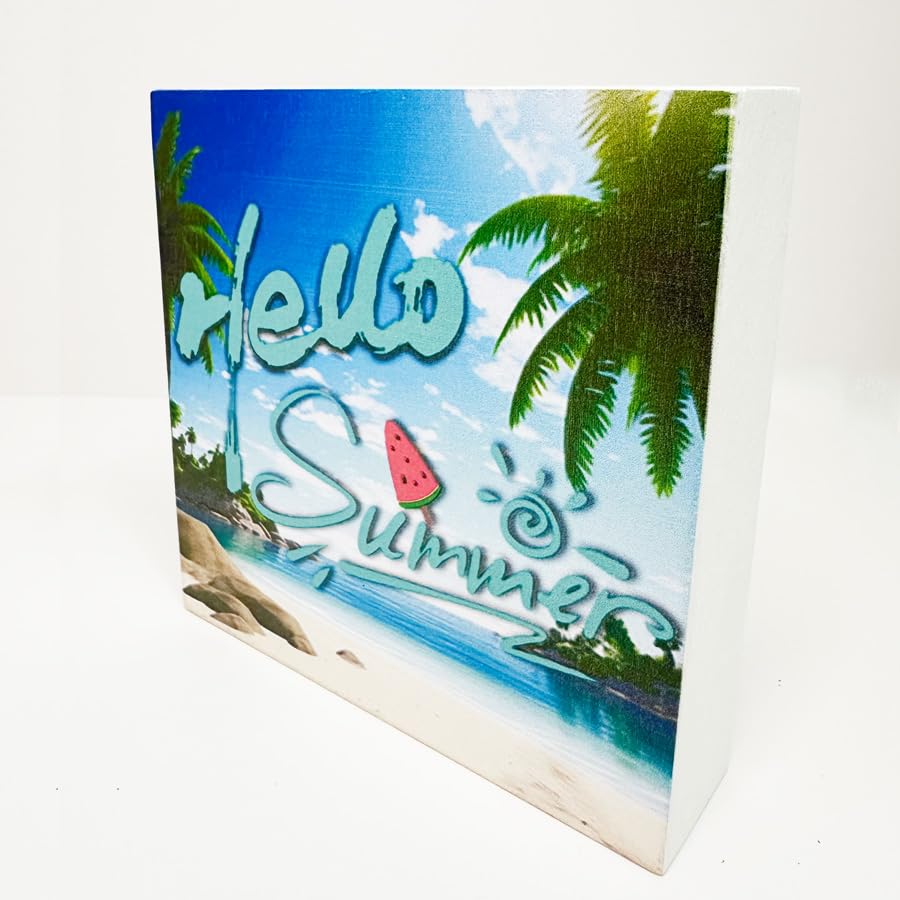 KPVVPEOX Summer Decor Wooden Block Box Sign Desk Decor-Hello Summer Decoration for Home Décor for Living Room Bedroom Office Desk Cubicl Table Shelf Tabletop Decoration 5 x 5 Inch