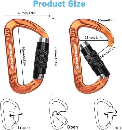 flintronic Karabiner mit Schraubverschluss, 2PCS 12KN Karabinerhaken Schraubverschluss, Karabiner mit 1200kg Belastbarkeit Schwerlast, für Hängematten, Camping, Wandern, Rucksack (Orange)