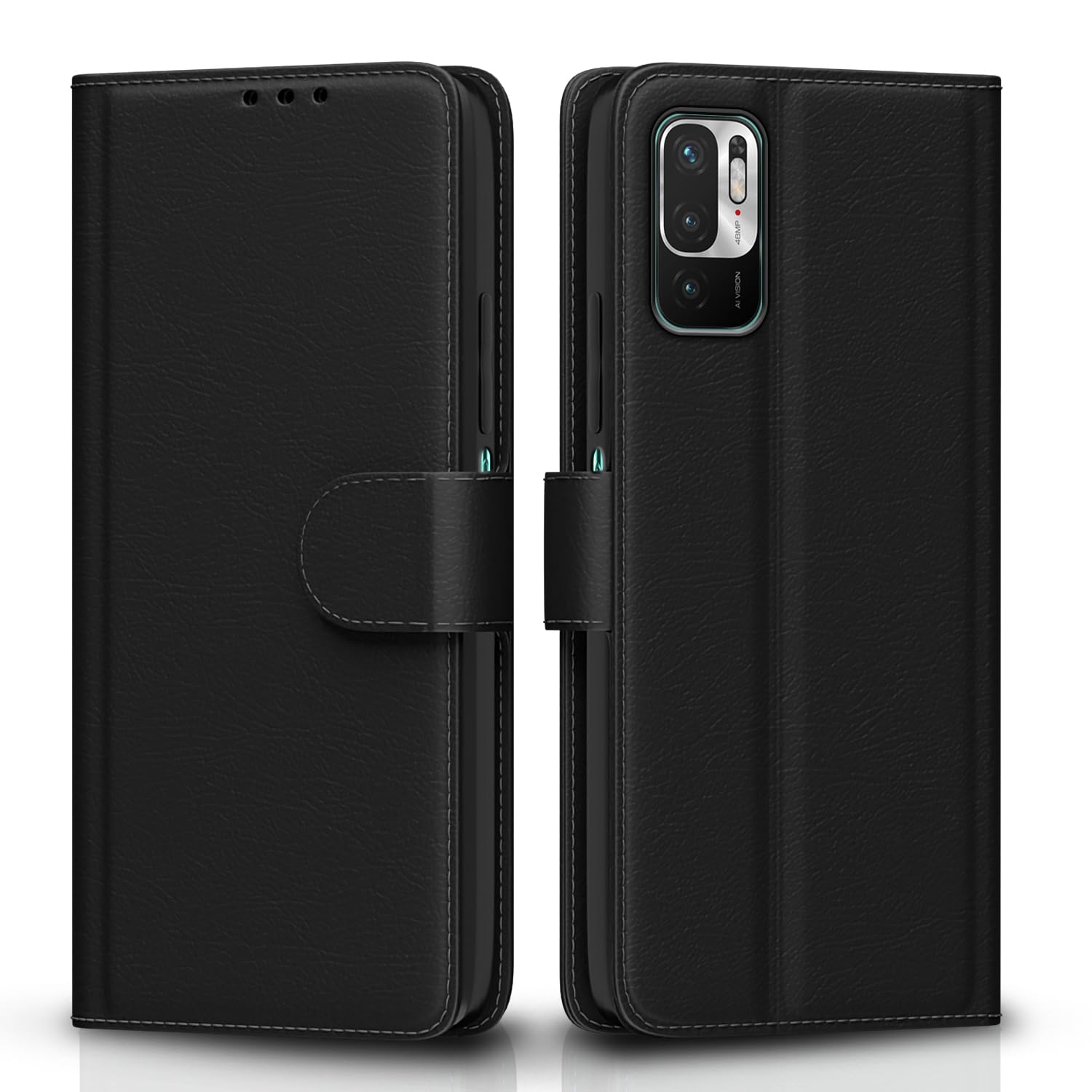 Pikkme Mi Redmi Note 10T 5G / Poco M3 Pro 5G Flip Case Leather Finish | Inside TPU with Card Pockets | Wallet Stand and Shock Proof | Magnetic Closing | Complete Protection Flip Cover (Black)