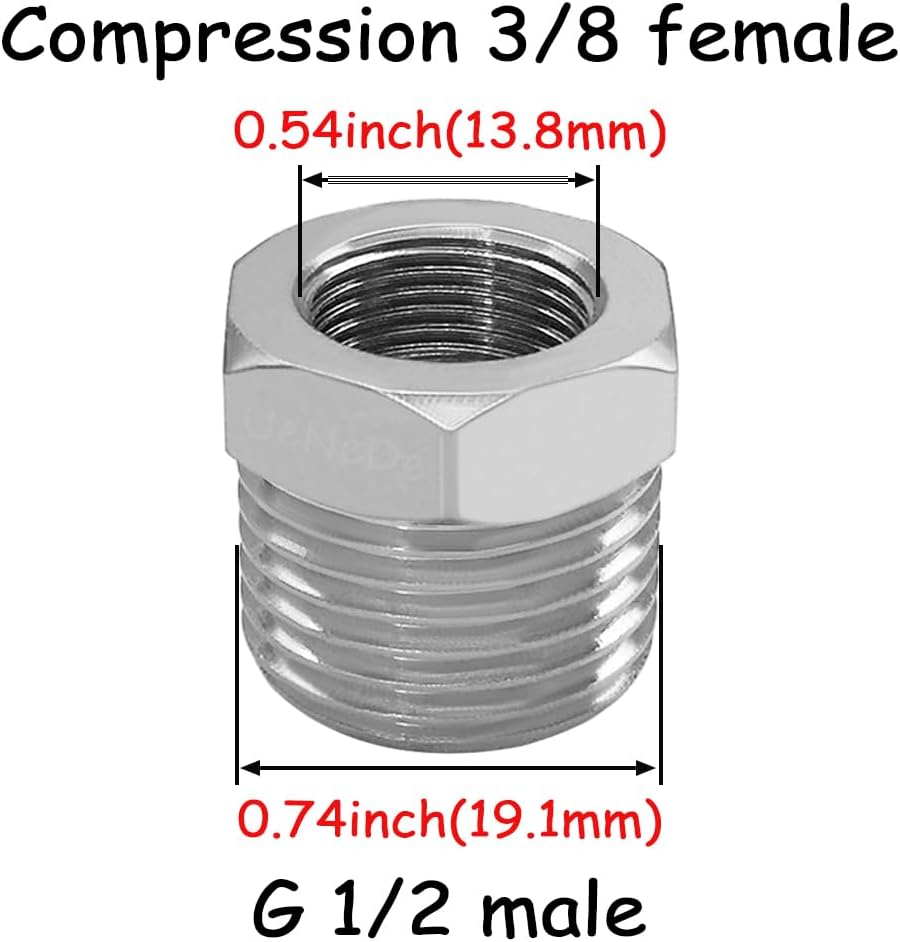 Uenede 3PCS Water Line Adapter, 1/2" Male to 3/8" Female Reducer Bushing, Brass Nickel Plating Compression Fitting for Kitchen Bathroom Faucet Supply Line Hose Stop Valve Connector with Rubber Washer