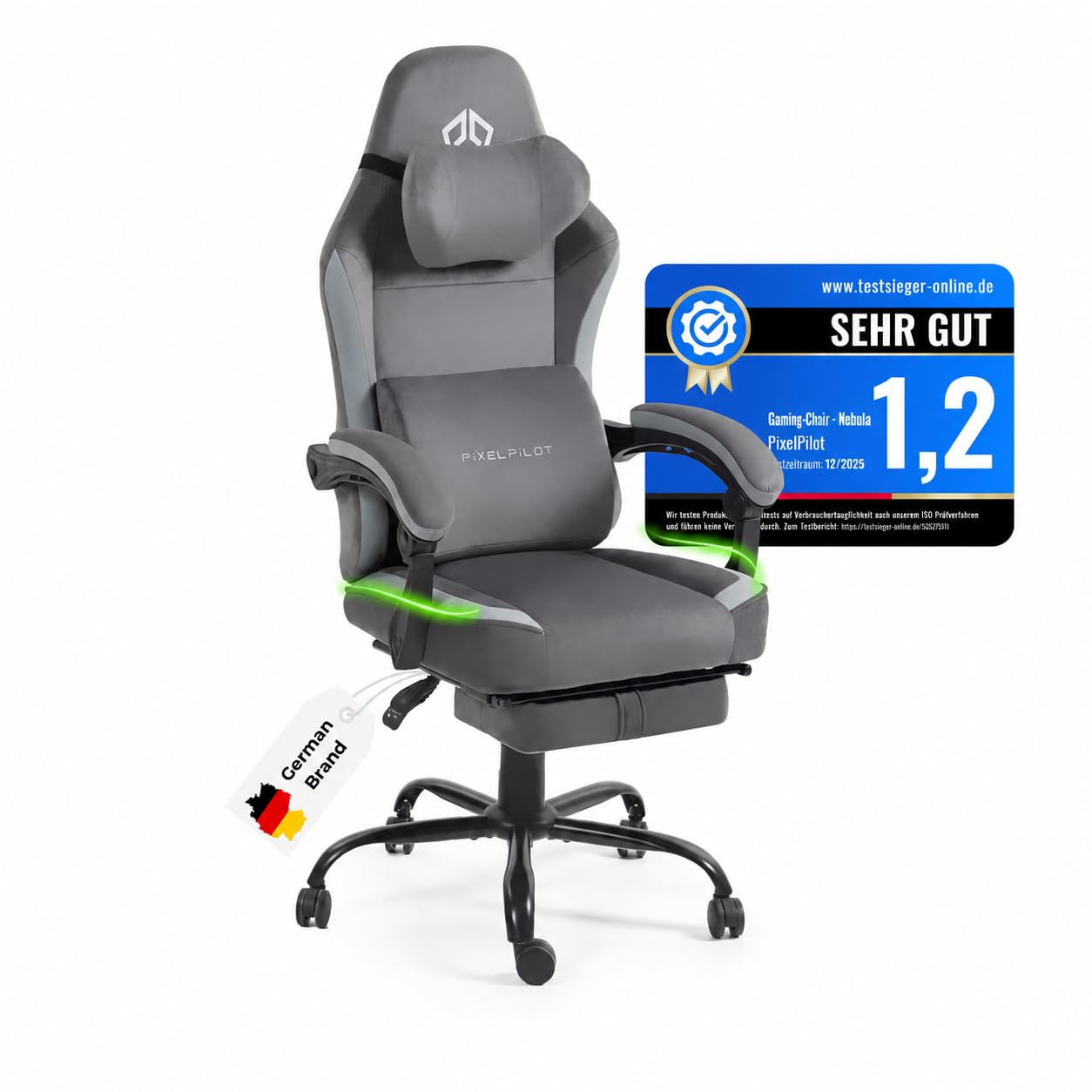 PixelPilot Gaming Stuhl Ergonomisch mit Fußstütze, Atmungsaktiver Stoff Gamer Stuhl, Bürostuhl mit Kopfstütze & Lendenstütze, Breite Sitzfläche, 150 kg