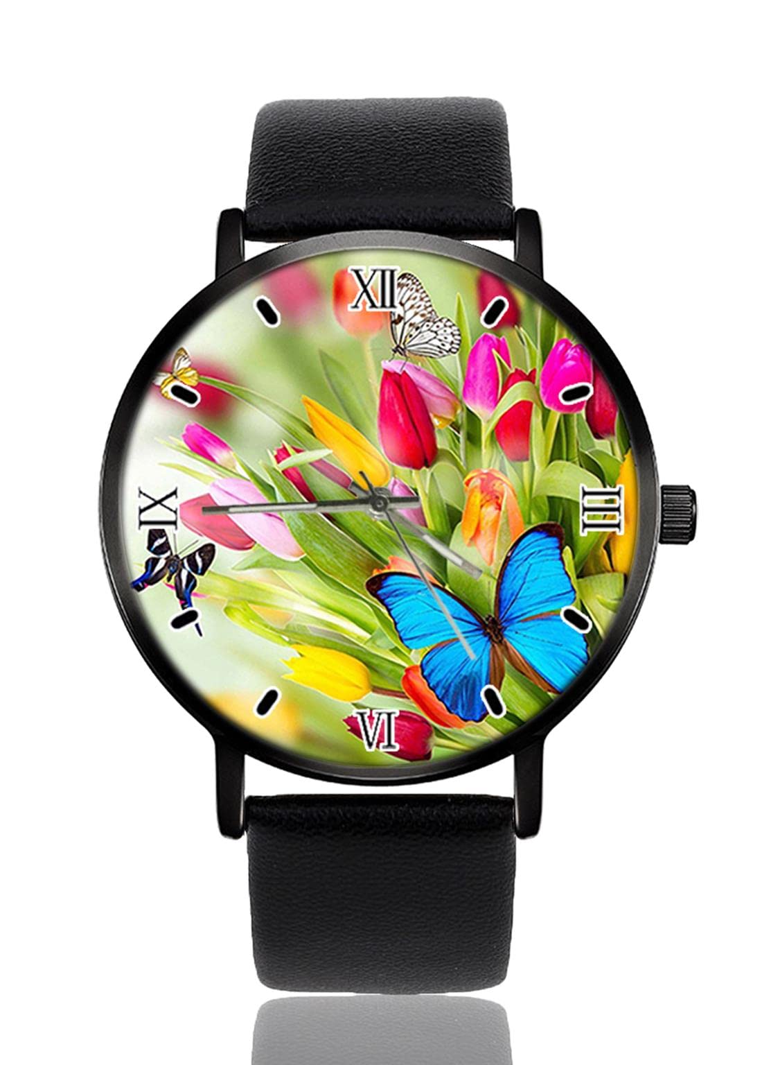 GenericButterflies on Tulips Watches Quartz Wristwatch Watches for Women Men Business Originality Unisex Black Dial