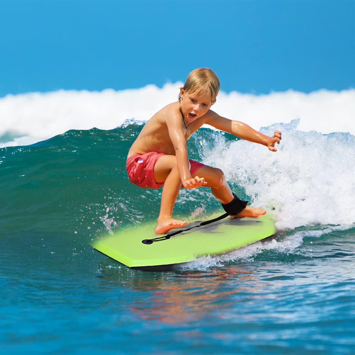 GYMAX Planche de Surf en XPE et HDPE Robuste, Charge Max 85 kg | Bodyboard Vert pour Plus de 14 Ans, 105×51×6 cm, Sangle de 90 cm et Motif de Crâne