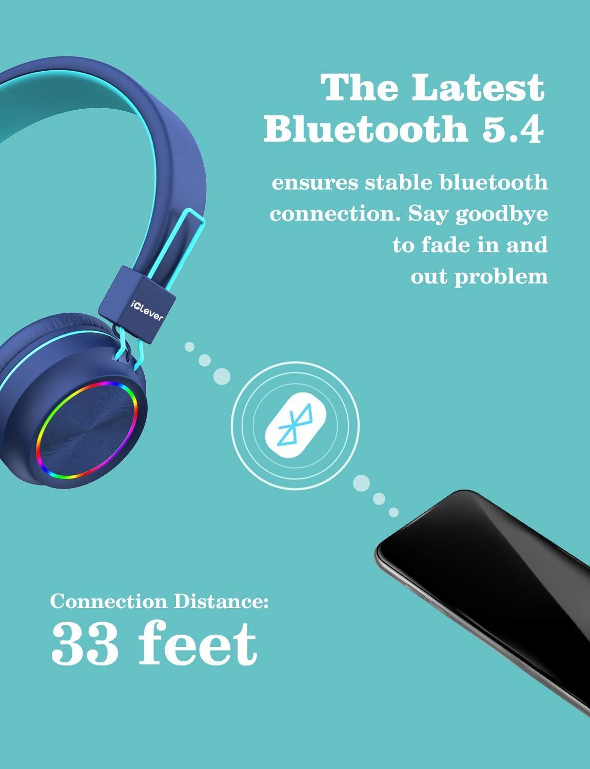 iClever BTH03 Kids Bluetooth Headphones, Colorful LED Lights, 35H Playtime, Bluetooth 5.4, Type C Fast Charging, Safe Volume, Stereo Sound Mic, On Ear Kids Wireless Headphones for iPad Airplane, Blue
