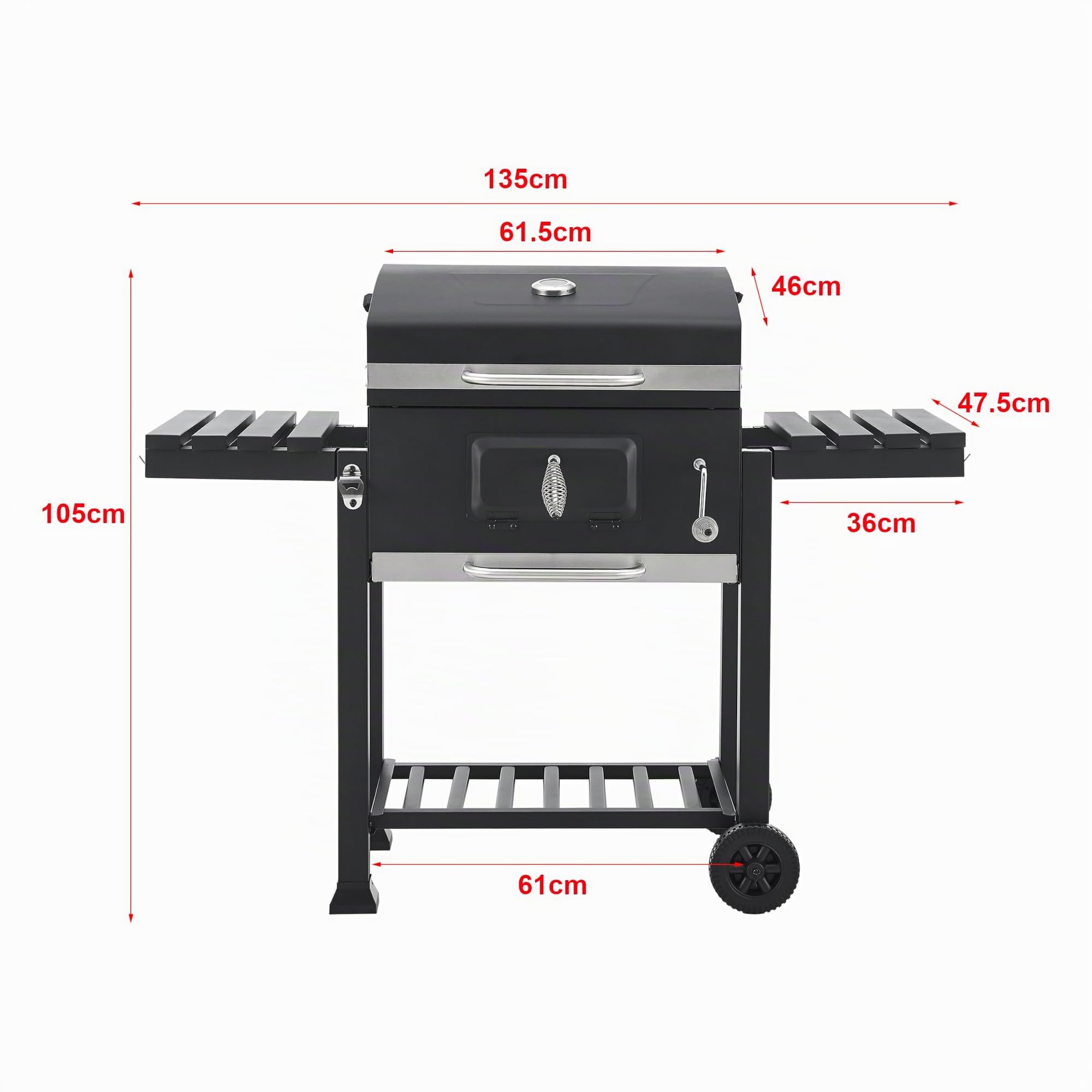 casa.pro Barbacoa de Carbón con 2 Ruedas Cajón para Cenizas 3 Estantes Carro Carro de Barbacoa Tapa con Termómetro Reguladores de Ventilación Acero Inoxidable Plástico 105 x 135 x 48 cm - Negro