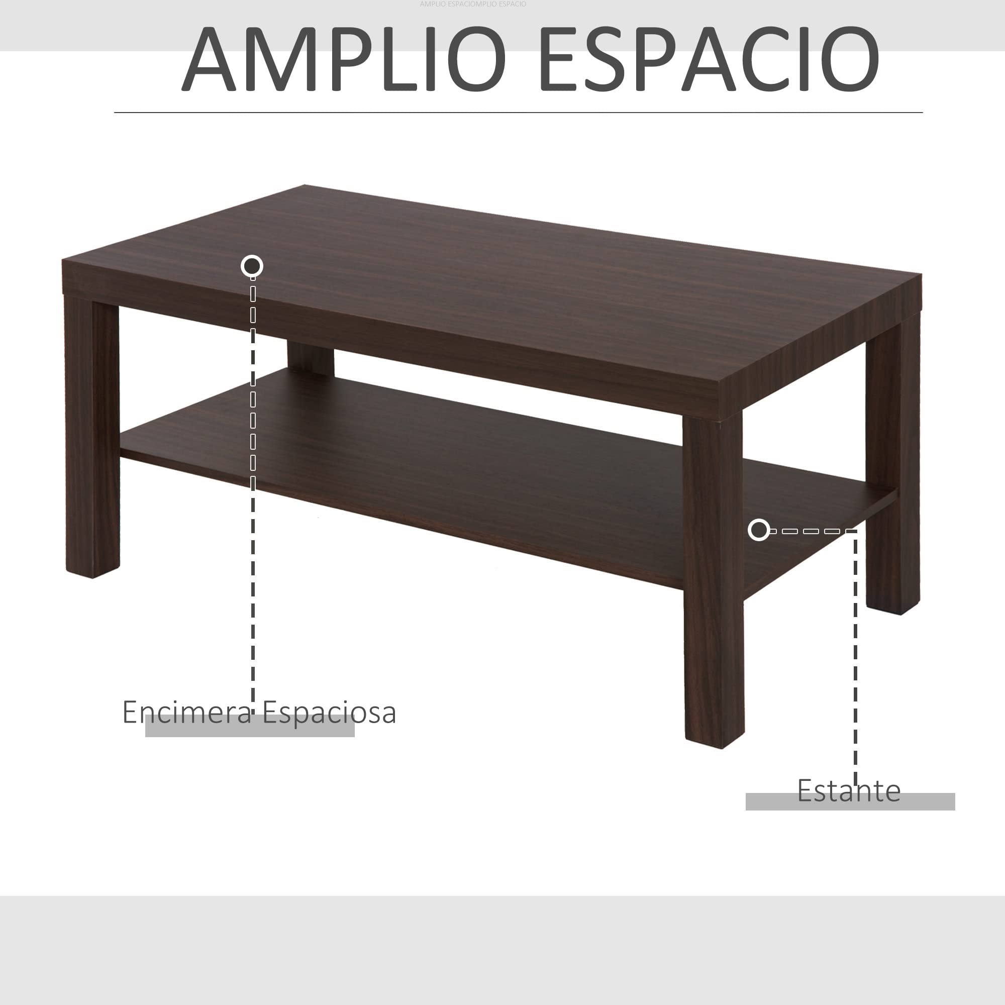 HOMCOM Mesa de Centro, Mesa de Café para Salón con Estante Abierto, Tablero Grueso, para Sala de Estar, Comedor, Oficina, 90x45x44,5 cm, Nogal