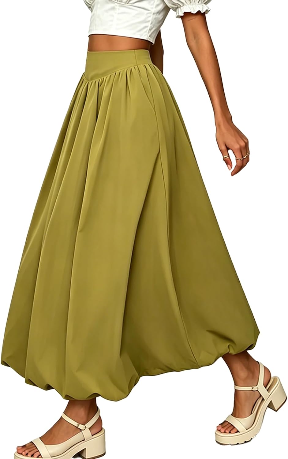 Women's Bubble Maxi Skirt, Y2K Puffy Bubble Hem A-Line Balloon Skirt with Pockets, Elastic Waist Skirts for Women