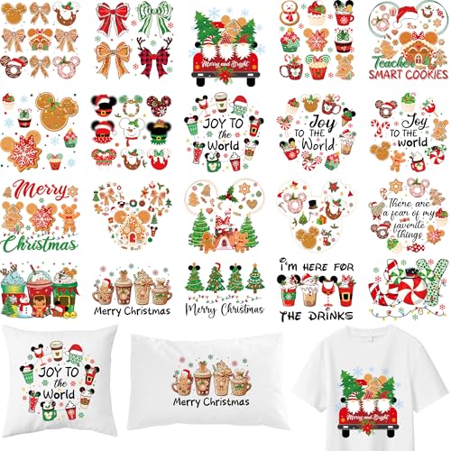 Christmas DTF Transfers Ready to Press - 20 Pcs Cartoon Mouse Iron on Transfers for Shirts
