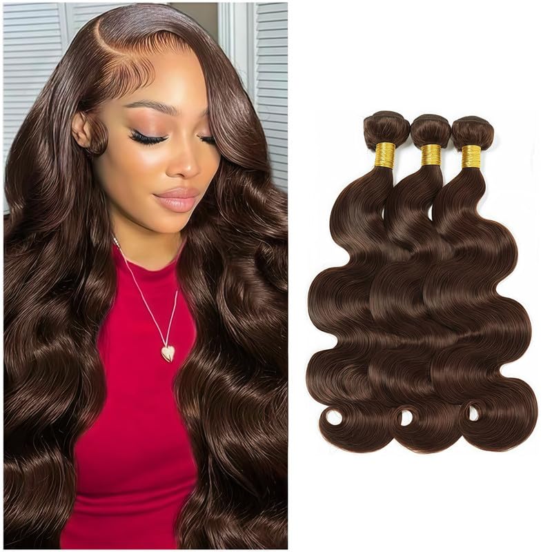 Brown Human Hair Bundles 10A Body Wave Bundles Human Hair 12 14 16 Inch 3 Bundles Silky Hair Bundles Brazilian 3 Bundles Human Hair Extensions for Women 4 Color Bundles