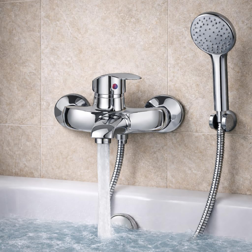 Miscelatore Vasca da Bagno Monocomando Cromato con Deviatore per Doccetta | Rubinetto da Parete Moderno con Attacco Doccia Posteriore 1/2”