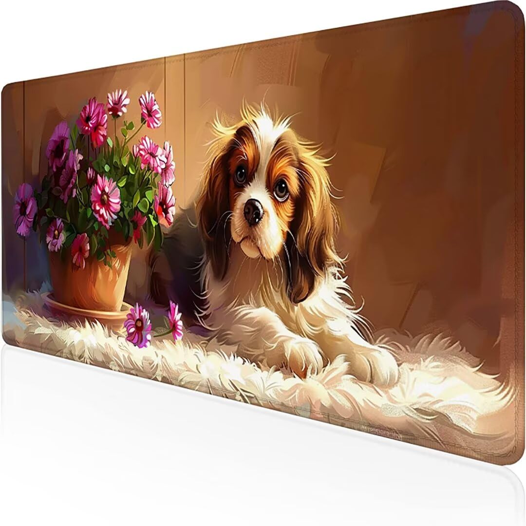 Excel Shortcut-Tasten-Mauspad - erweitertes großes 1200 x 600mm XL-Spickzettel-Gaming-Mauspad | PC-Büro-Tabellenkalkulation-Tastaturmatte | rutschfeste genähte Kante Blume Hund