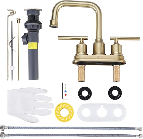 Miniatura 8 de WOWOW Grifo de baño dorado cepillado de 4 pulgadas, grifo de lavabo de 3 agujeros, grifos de baño para lavabo, grifo de tocador de 2 manijas con