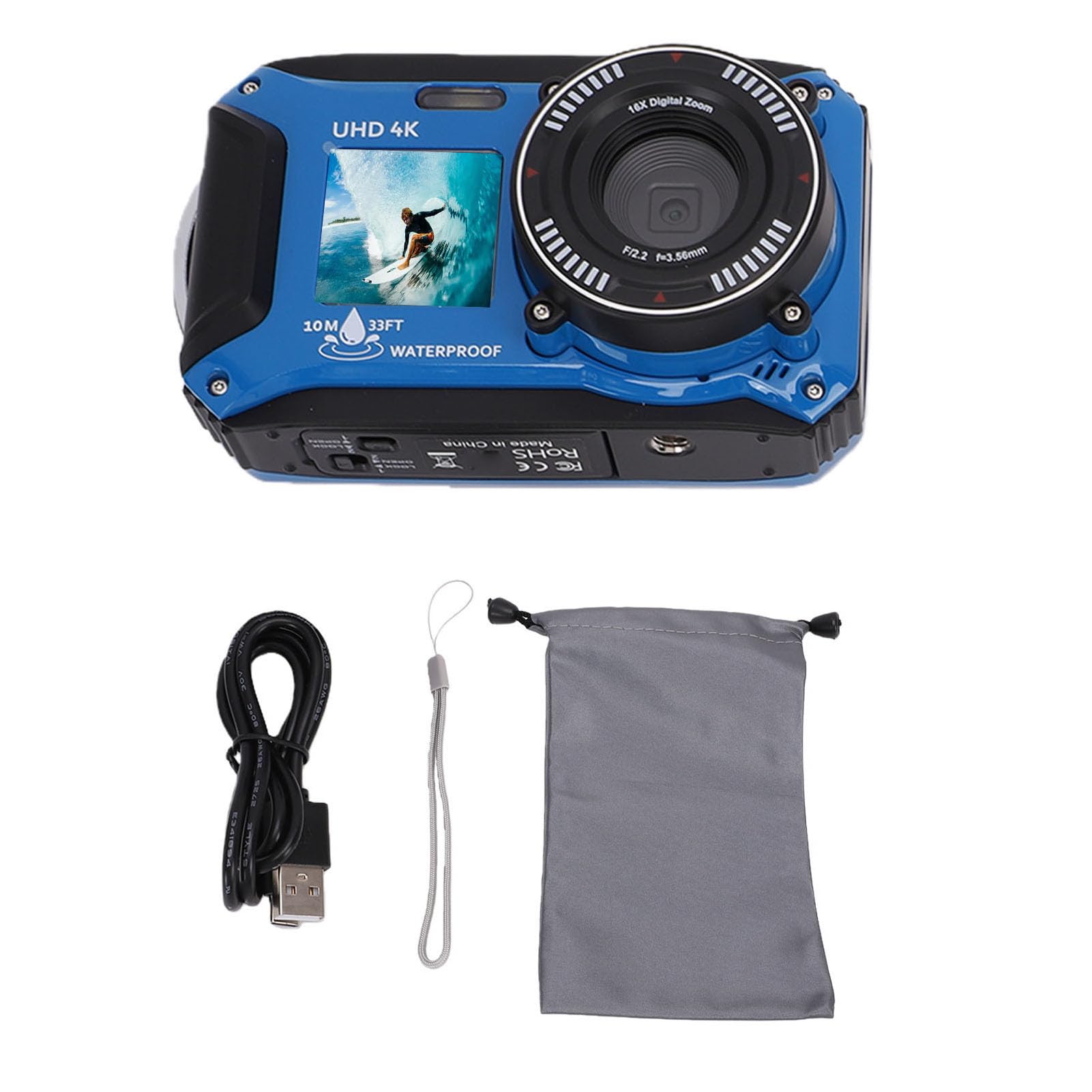 4K-Unterwasserkamera, 64-MP-Foto, 120 Minuten Betriebszeit, 128 GB Speicher, Vorder- und Rückbildschirm, ABS-Material, 16-Fach-Zoomkamera Zum Schnorcheln
