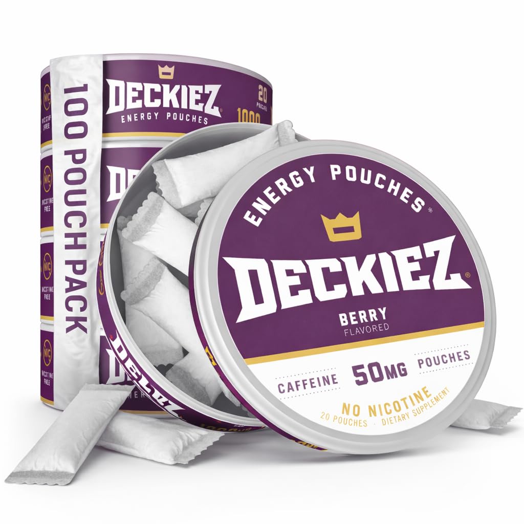 Deckiez Energy Pouches, 5 Cans (100 Pouches), Sugar Free Caffeine Supplement, Coffee Pouches & Energy Drink Alternative, 50mg Caffeine Pouches, Berry Flavor