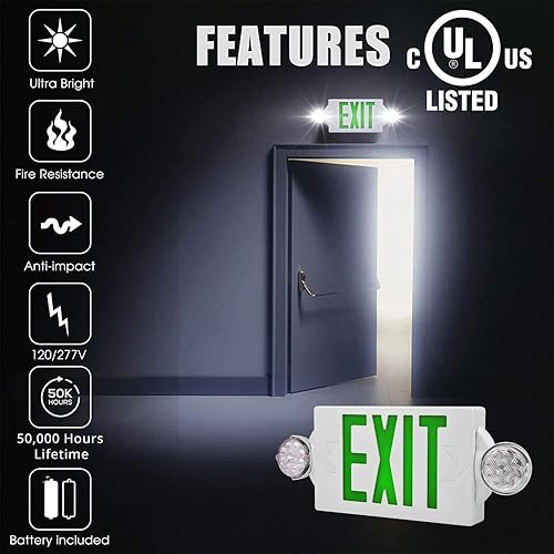 Miniatura 4 de LMLAITE Señal de salida LED verde luces de emergencia con 2 luces de cabeza ajustables, luz de salida de emergencia de letra verde con batería de