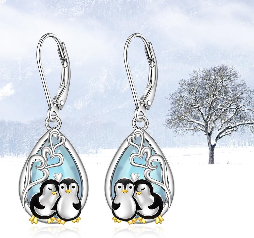 Penguin Earrings Christmas Penguin Earrings for Women Sterling Silver Moonstone Dangle Drop Cute Animal Jewelry Winter Holiday Xmas Gifts - Image 9