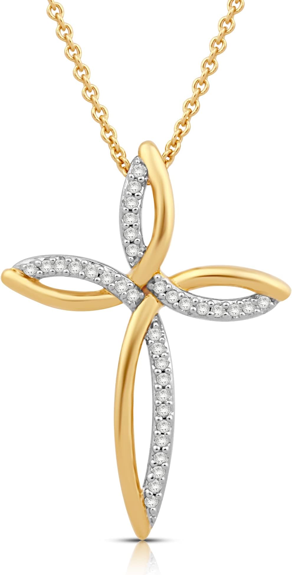 Sterling Silver or Yellow Gold over Silver 1/8 Cttw Natural White Round Diamond Cross Pendant Necklace 18 Inches Rolo Chain