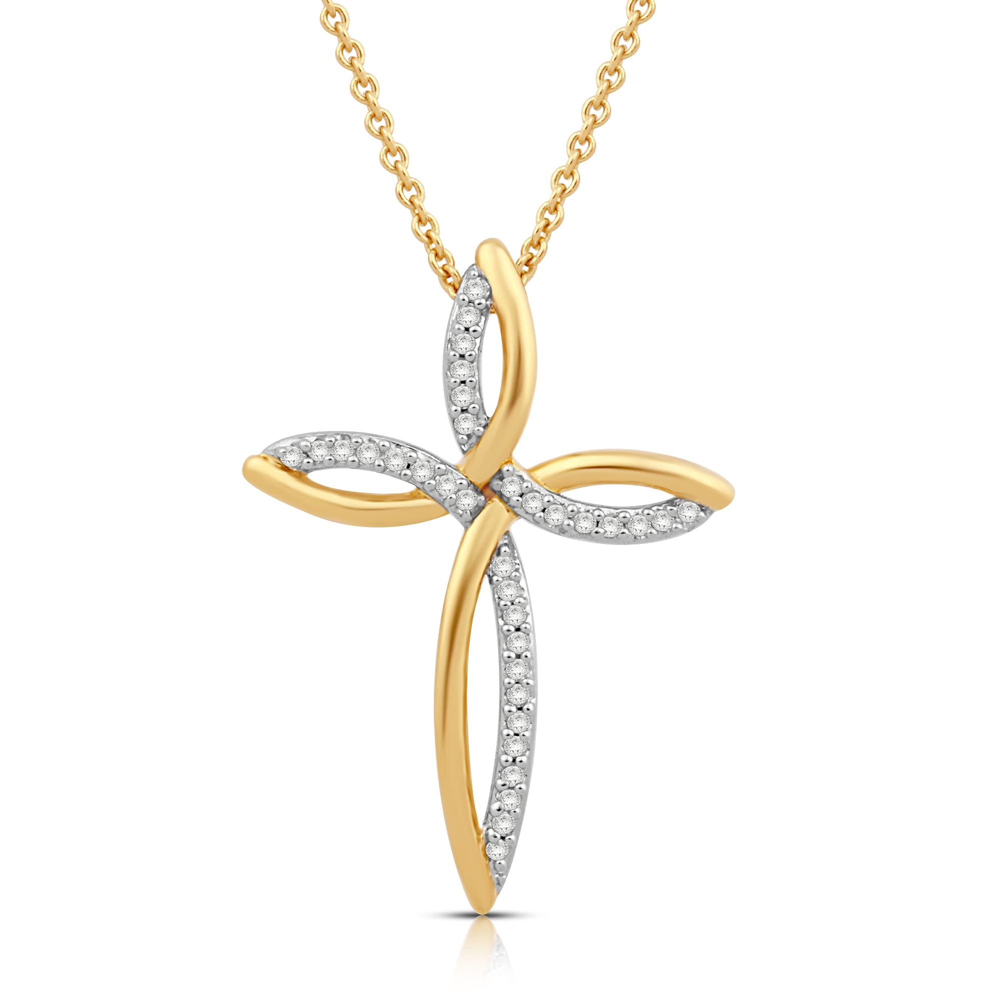 Sterling Silver or Yellow Gold over Silver 1/8 Cttw Natural White Round Diamond Cross Pendant Necklace 18 Inches Rolo Chain