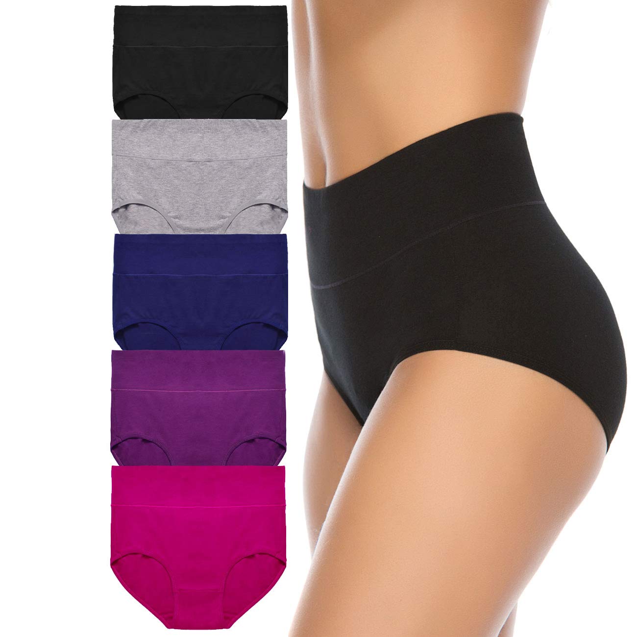 annenmy Women's High Waist Cotton Underwear Soft Brief Panties Regular and Plus Size (Medium, Black/Gray/Navy Blue/Purple/Red, 5 Pack)-picture-38