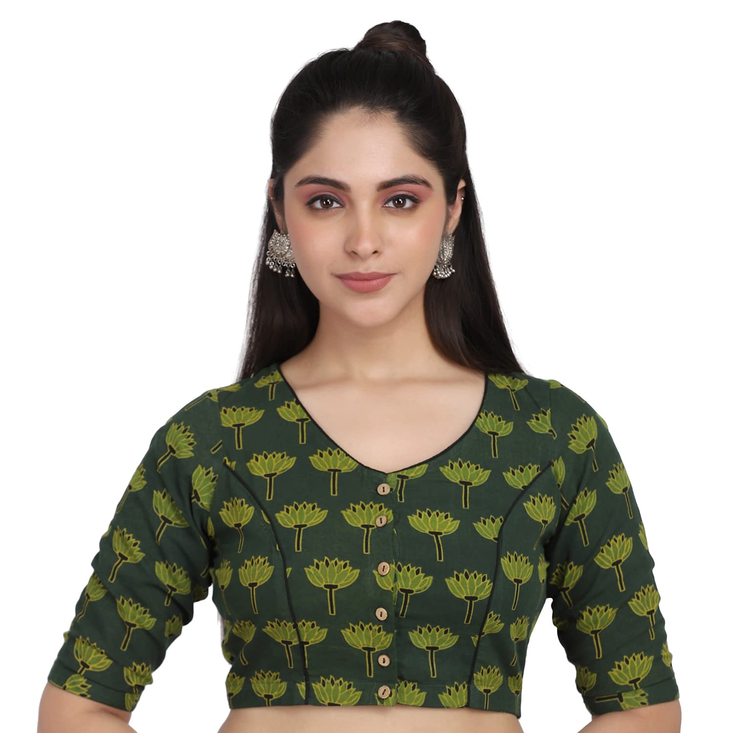 Green and Black Hand Block Printed Ajrakh Non Paded Cotton Ready to Wear Blouse-image-23