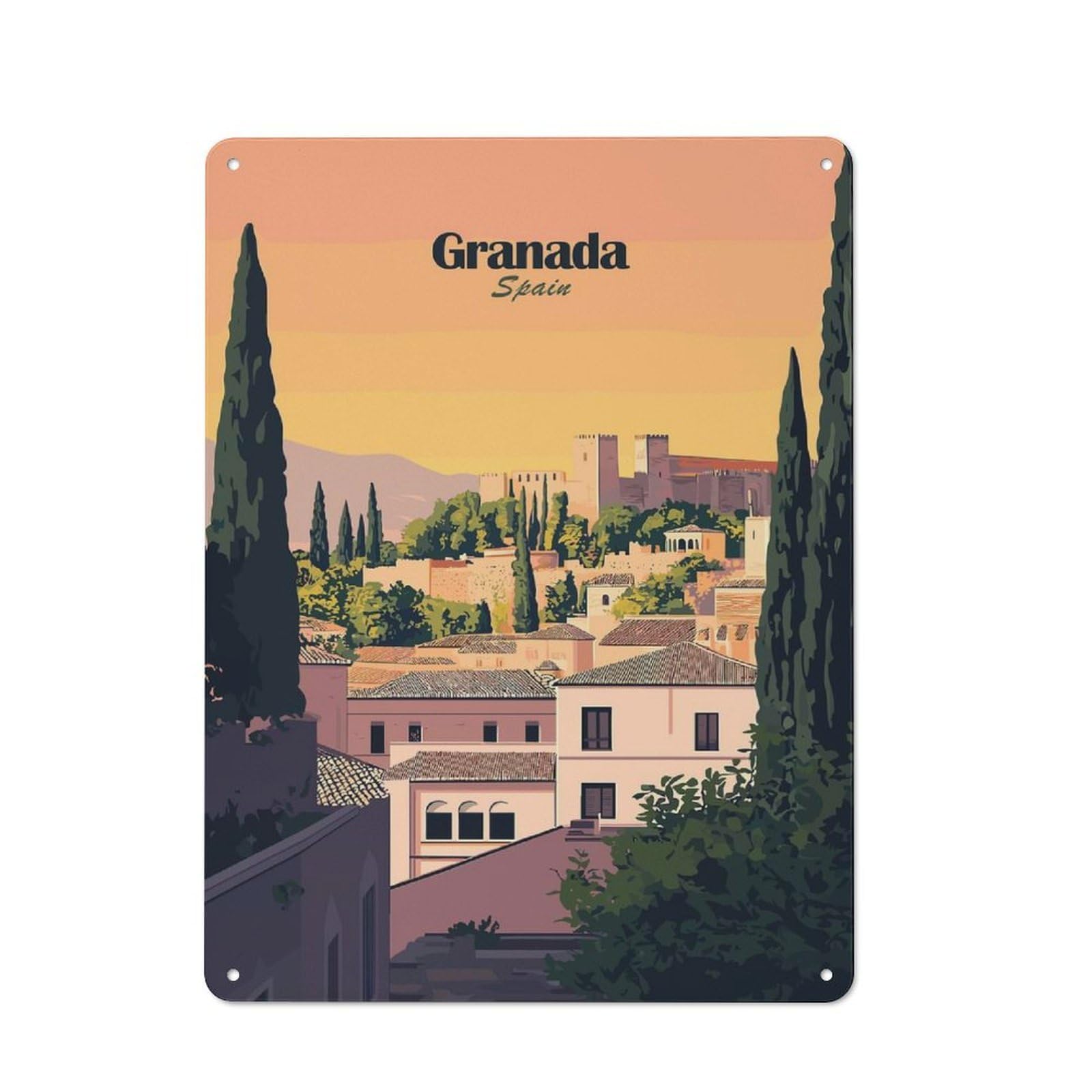 Junmoney Style-3 Granada, Spain Cityscape Tin Sign 40X30cm For Hallway Wall, Retro Wall Decor, Suited To New Home Decorators