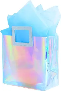 8.3'' Holographic Small Gift Bag with Tissue Paper(SkyBlue) | Reusable Birthday Gift Bag for Women Girls Iridescent Bachelorette Wedding Bridal Bridesmaid Tote Gift Bag