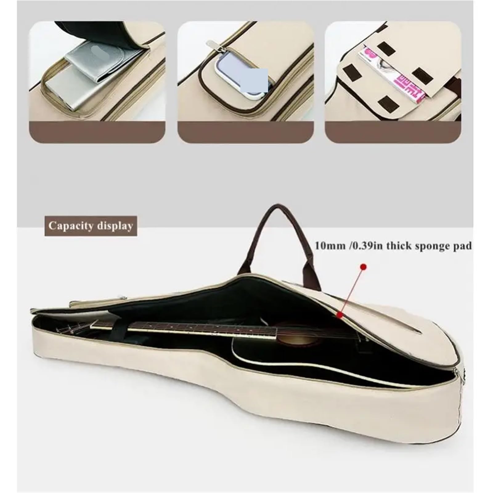 Funda de Guitarra Impermeable con Relleno 10 mm Grosor for Guitarras acústicas 40 a 41 Pulgadas Correa for el Cuello, Funda Blanda for para Actuaciones Y para Tocar Instrumentos(Beige)