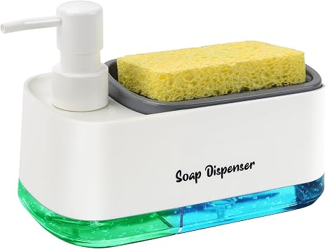 Kitchen Dish Soap Dispenser Set,Dish and Hand Soap Dispenser with Sponge Holder, 3-in-1 Countertop Sponge Dual Soap Pump Dispenser for Kitchen Sink - White