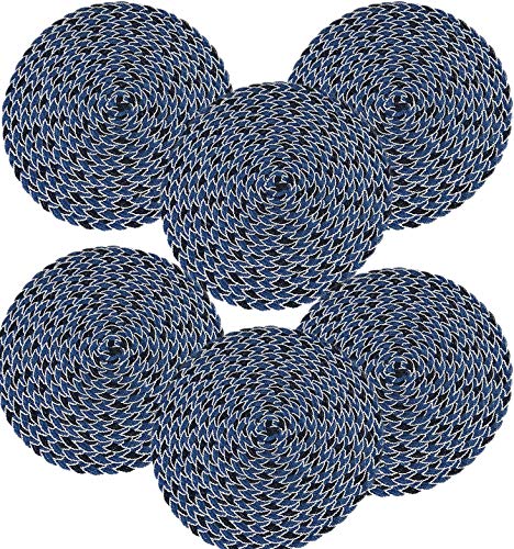 Midanggu Woven Cloth Linen Fabric Round Place Mats for Kitchen Dinner Dining Table Set of 4/6,14inches Diameter, Heat-Insulated, Non-Slip,Modern (Blue+Black, 6)