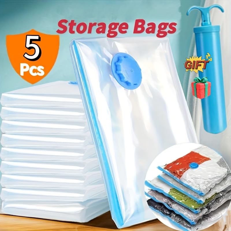 Image of Vacuum Storage Bags for Clothes, Blankets, Comforters, Jackets - 5-Pack Space Saver Compression Bags with Hand Pump - Airtight Resealable Bags for Travel & Home Storage