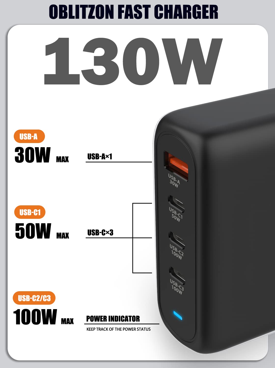 Ładowarka USB C 130 W, typ C PD 100 W + QC 30 W PPS GaN, zasilacz z kablem do szybkiego ładowania 100 W, 4-portowy zasilacz USB C do MacBook Pro/Air, Dell XPS 15, Google, iPhone 14/13, iPad Pro,