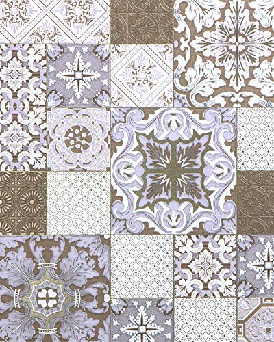 Empapelado para baños y cocinas EDEM 87001BR14 papel pintado vinílico ligeramente texturado con dibujo tipo azulejos y acentos metálicos bronce morado-perlado blanco oro 5,33 m2