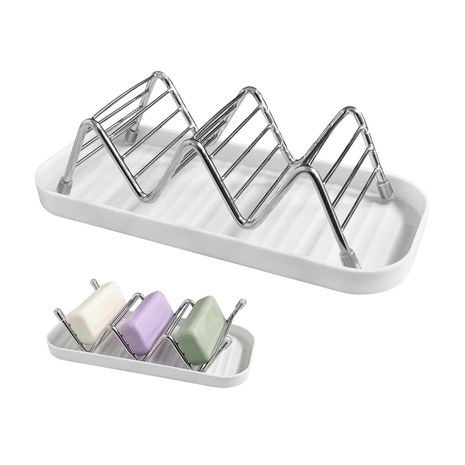 Stainless Steel Triple Soap Holder with Drip Tray | 3 Slot Soap Dish for Bathroom & Kitchen | Metal Wire Soap Rack for Bar Soap, Sponge & Scrubber | Countertop Soap Saver Organizer-image-32