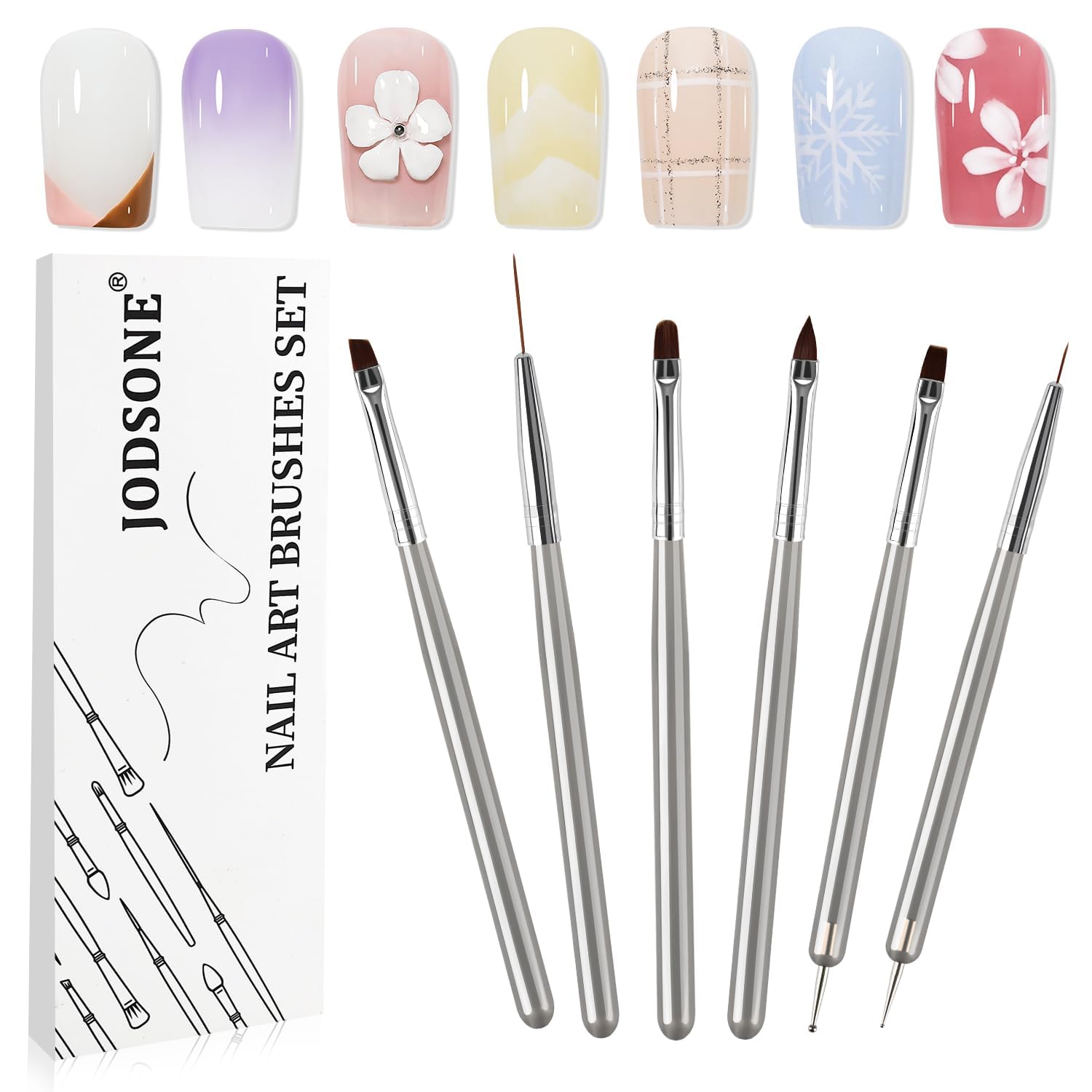 JODSONE 6-teiliges Nagelkunstpinsel-Set: Dotting-Tools, Reinigungspinsel, Striping-Pinsel für lange Linien, Zeichenstift für Gel-Nagellack-Design. DIY-Maniküre-Werkzeuge, Geschenk für Frauen