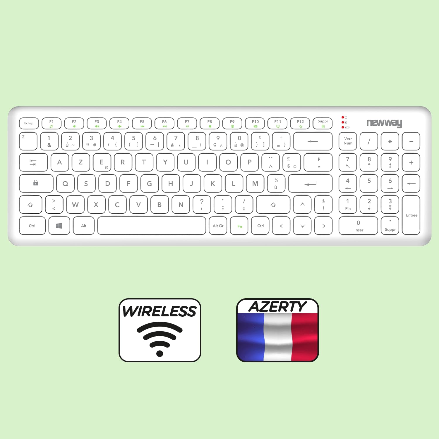NEWWAY – Pack RF01 Tastiera Mouse Wireless con Tappetino – Tastiera AZERTY 97 Tasti 13 Scorciatoie – Mouse WiFi 2.4 GHz 4 Tasti – Ricevitore USB – Bianco