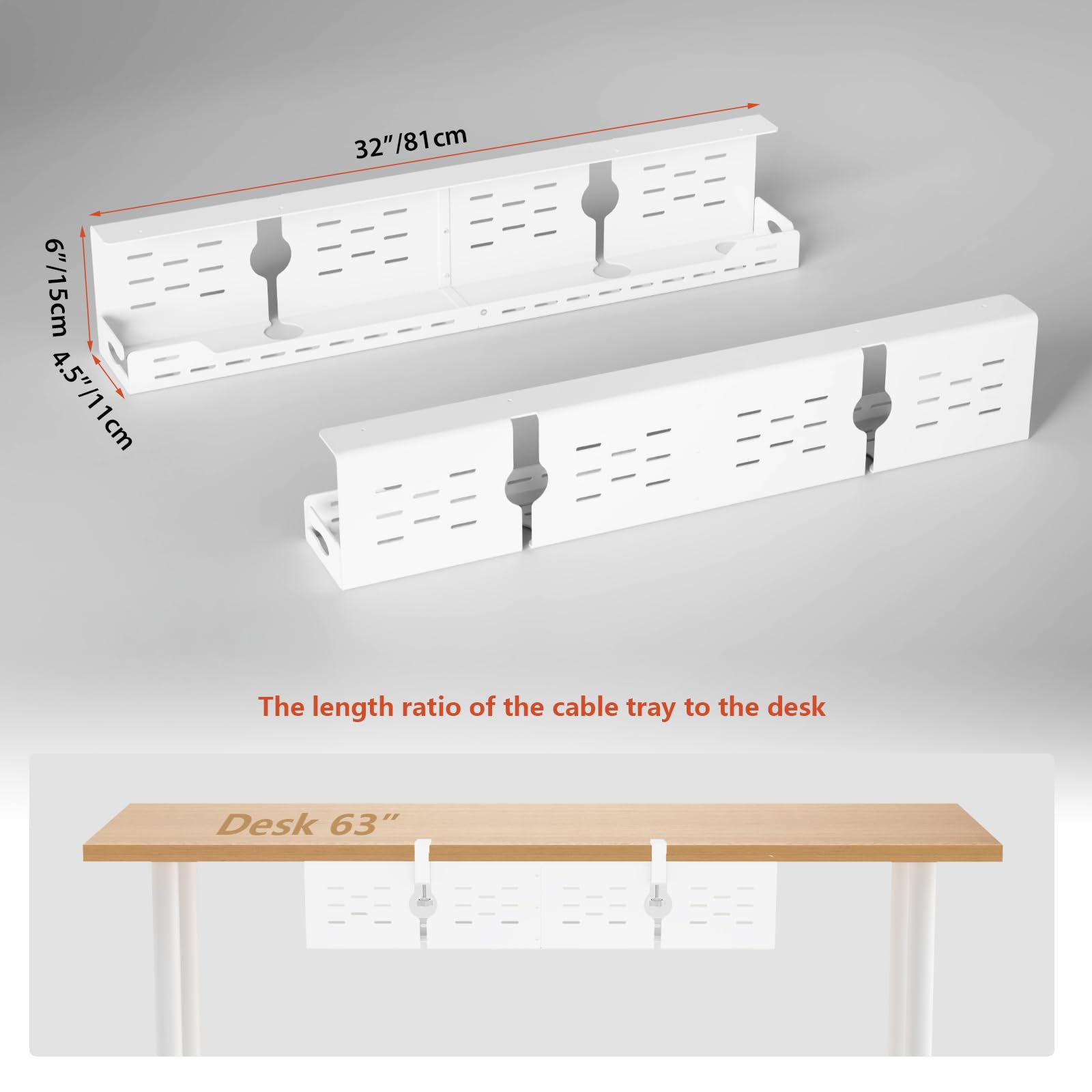 Univivi Kabelmanagement unter dem Schreibtisch, stabile Metall-Kabelwanne ohne Bohren, C-Klemme und Schraubhalterung, robuster Kabel-Organizer für Büro und Zuhause, 81,3 cm, Weiß