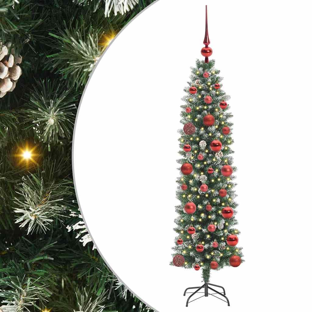 Albero di Natale artificiale sottile, verde e bianco, 120 cm, con 150 luci LED bianco caldo, 8 modalità, punte in PVC, ideale per interni e piccoli spazi, alimentato tramite USB