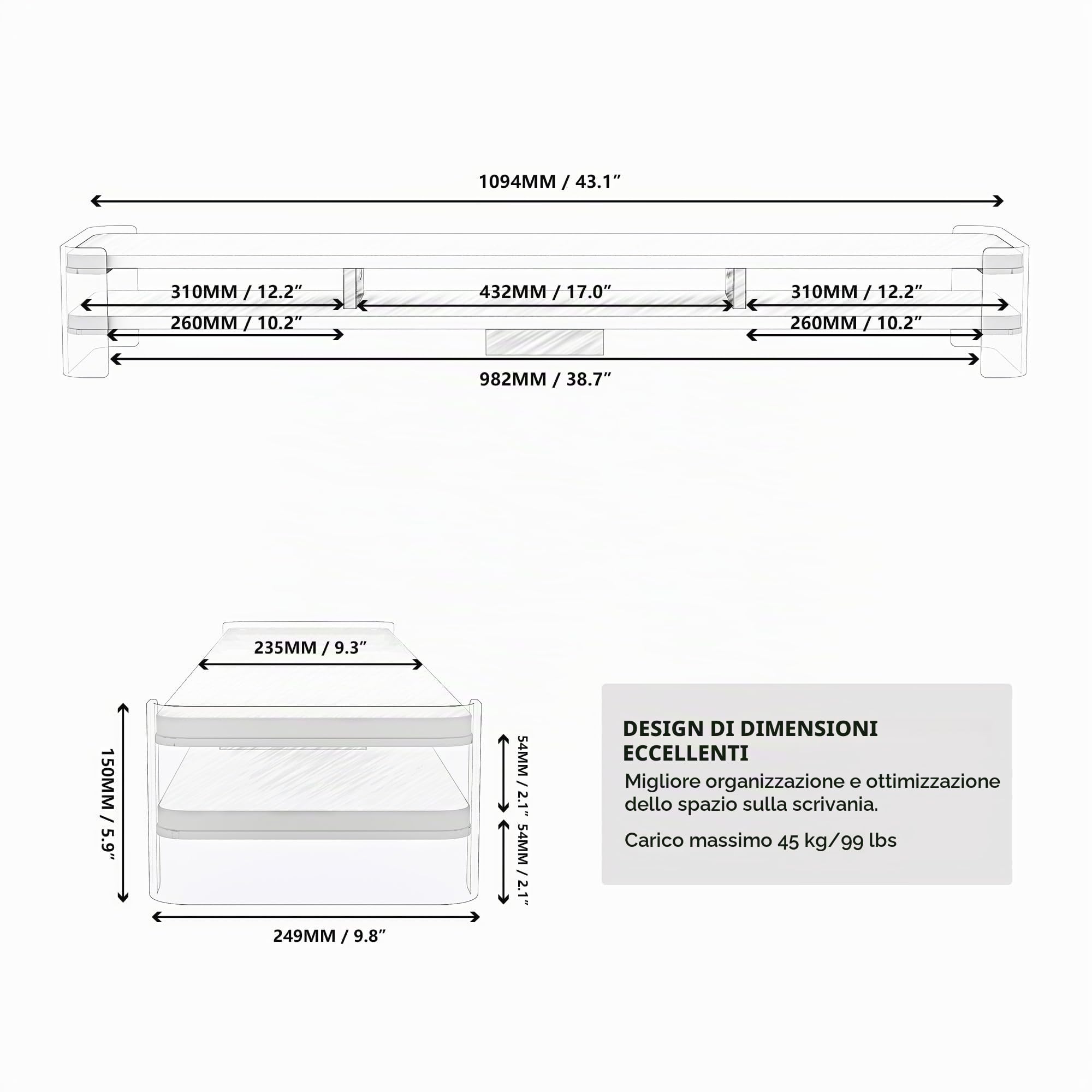 Fenge Supporto per Monitor Grandi in Acrilico, Supporto per Doppio Monitor con Ampio Spazio di Archiviazione, Supporto per Doppio Monitor per PC/Laptop/TV 109,4x23,5x15cm Bianco