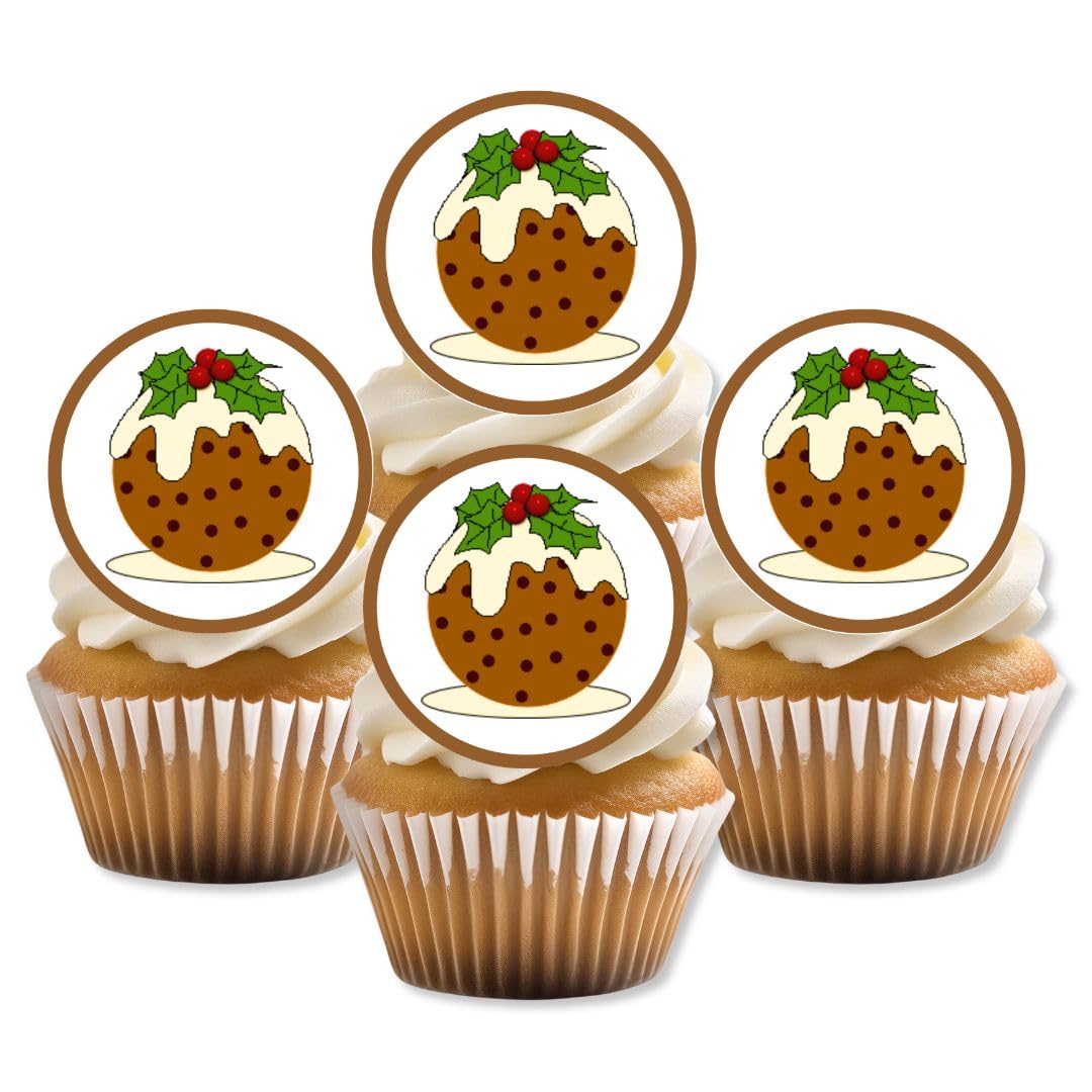 24 Christmas Pudding Edible Wafer Paper Cupcake Toppers/Decorations