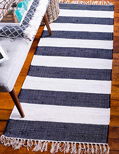 Unique Loom Chindi Rag Collection Area Rug - Striped (2' 7" X 6' 1" Runner, Navy Blue/ Ivory) #TOP30