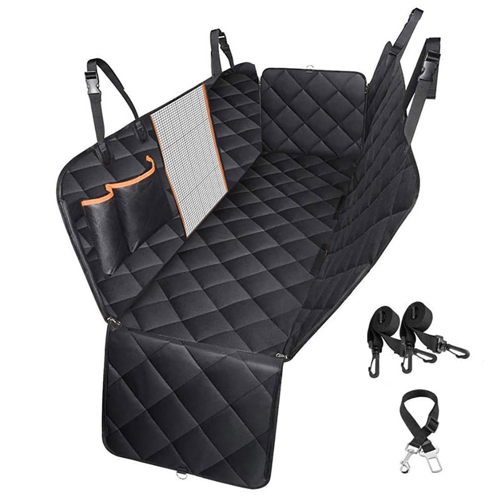 Protector Asiento Coche Perro para Peugeot e-208 2019-2024 Hatchback 5-Seater, Impermeable Antideslizante Asiento Trasero con Ventana de Malla y Bolsillos,Orange-Pocket Version