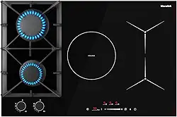 Combo de placa de indução a gás de 76 cm com 5 queimadores híbridos integrados 12000 BTU Boost 6700W, modo ponte de grelha, 9 níveis de potência, trava de segurança