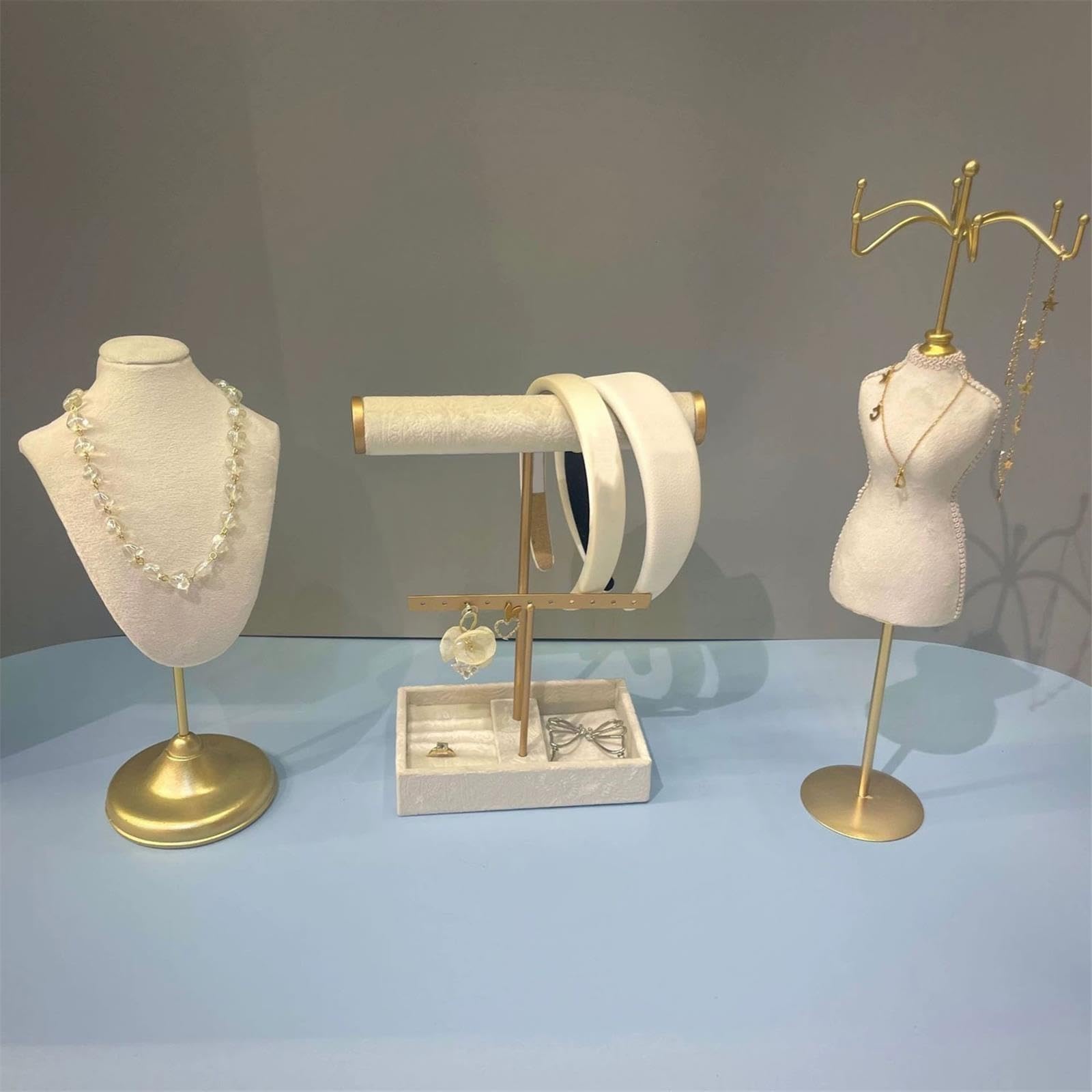 Armoires Ensemble de porte-bijoux buste mannequin en velours blanc 3 pièces