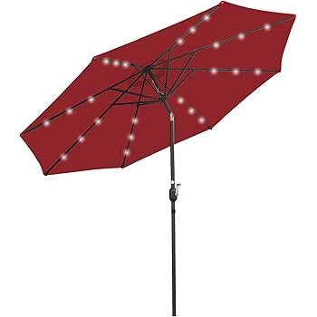 Amazon Com Super Deal 10ft Solar Led Lighted Patio Umbrella Table Umbrella Push Button Tilt Adjustment Crank Lift System Aluminum Ribs For Patio Garden Backyard Deck Poolside And More Burgundy